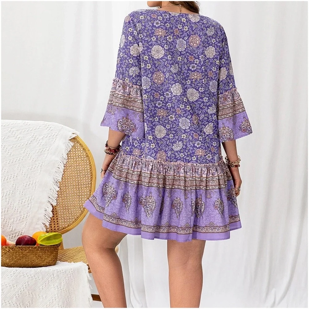 Plus Floral Print Ruffle Sleeve Dress - Picture 4 of 5